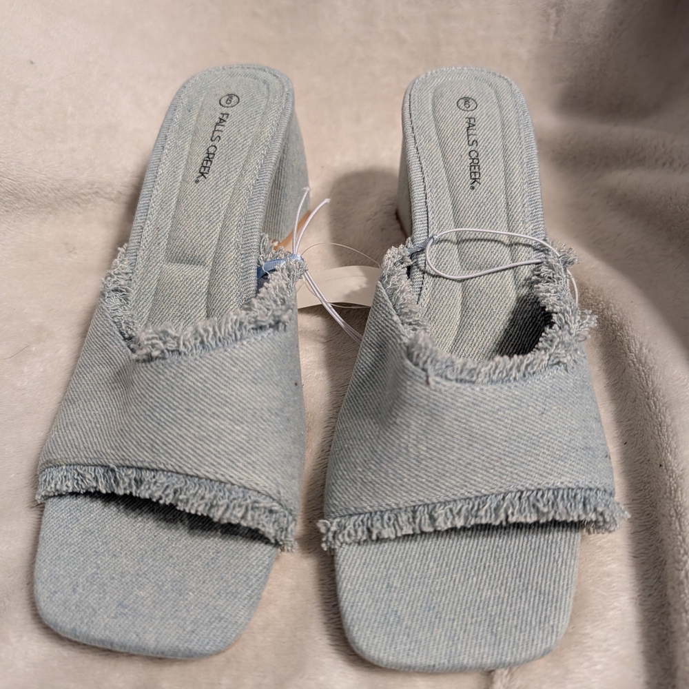 Falls Creek Frayed Light Blue Denim Slide Mules